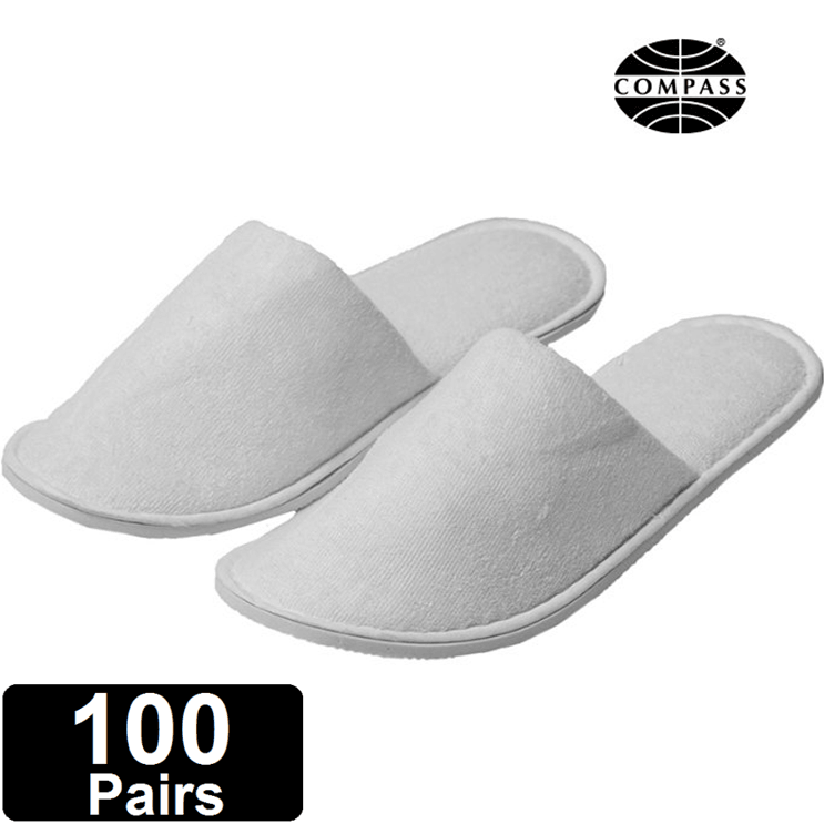 Terry Cotton Slip On Slippers Closed Toes White Hotel/Bath/Guest Pack 100 Pairs Bulk 573401 (100 Pairs) - SuperOffice