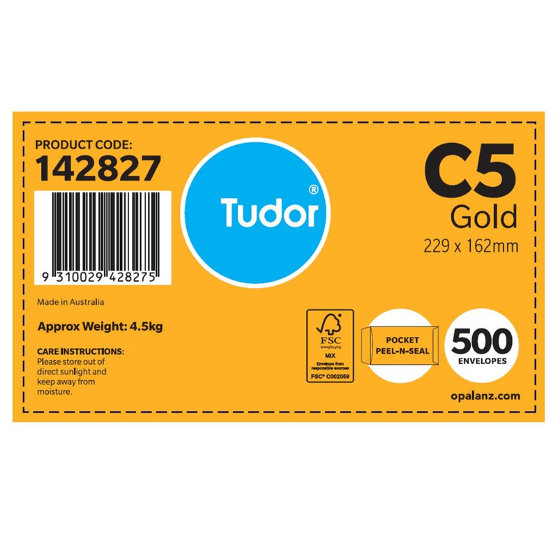 Tudor Envelopes C5 Plainface Peel-N-Seal 229x162mm Gold Pk of 500 140170/142827 142827 - SuperOffice