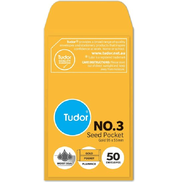 Tudor No.3 Seed Pocket Envelopes Plainface Moist Seal Gold 95x55mm Box 1000 BULK 140285 - SuperOffice