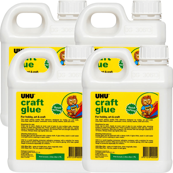 UHU Glue Art Craft Kids 1L Litre Pack 4 BULK PVA Formula 33-49205 (4 Pack) - SuperOffice