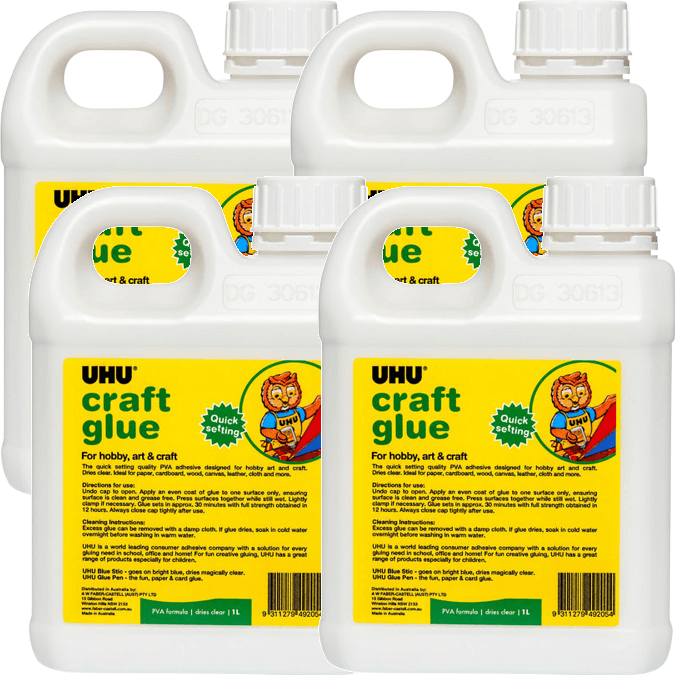 UHU Glue Art Craft Kids 1L Litre Pack 4 BULK PVA Formula 33-49205 (4 Pack) - SuperOffice