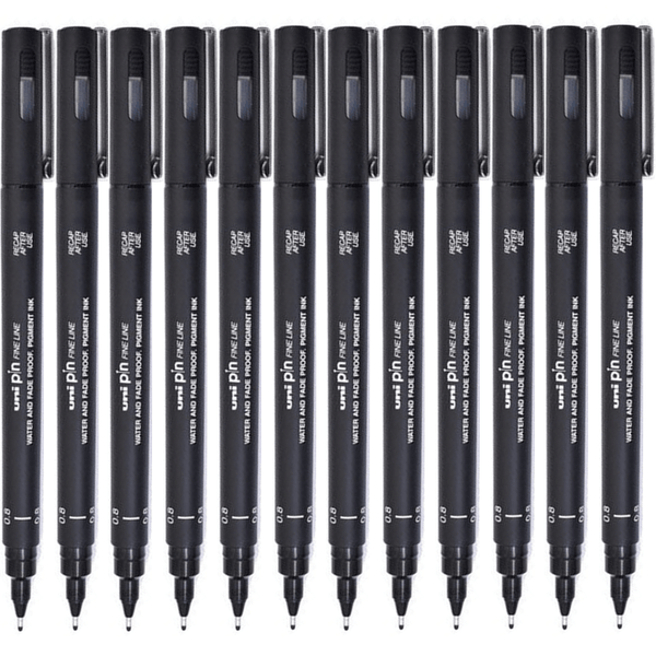 Uni-Ball 200 Pin Fineliner Pen 0.8mm Thin Black Box 12 PIN08200BK - SuperOffice