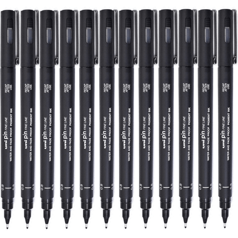 Uni-Ball 200 Pin Fineliner Pen 0.8mm Thin Black Box 12 PIN08200BK - SuperOffice