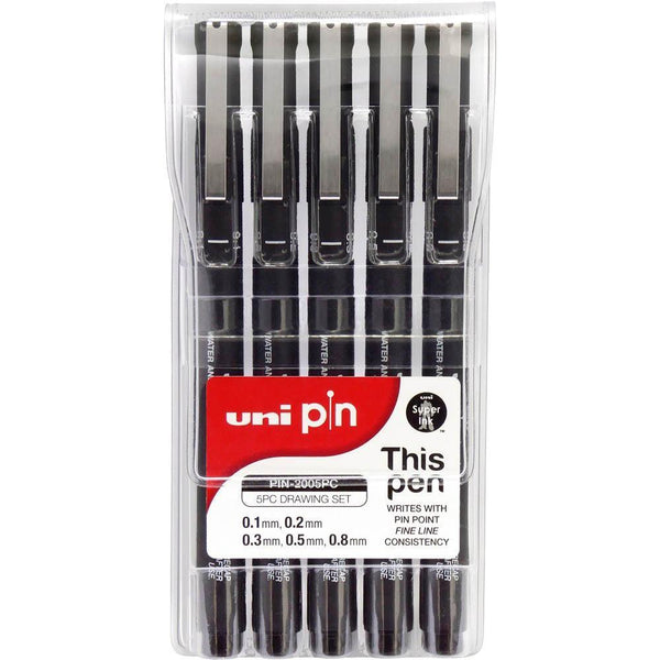 Uni-Ball 200 Pin Fineliner Pen Assorted Tips Black Wallet 5 PIN-2005PC - SuperOffice
