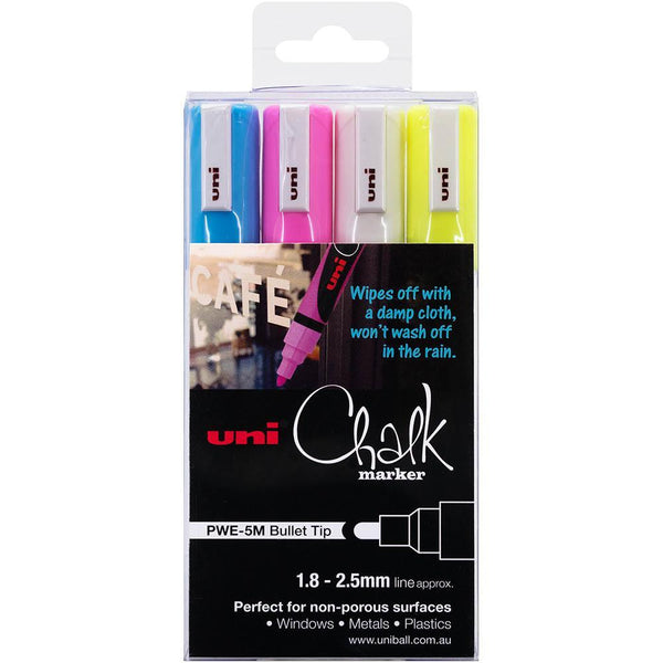 Uni-Ball Chalk Marker Bullet Tip 2.5Mm Assorted Pack 4 PWE5M4PASS - SuperOffice