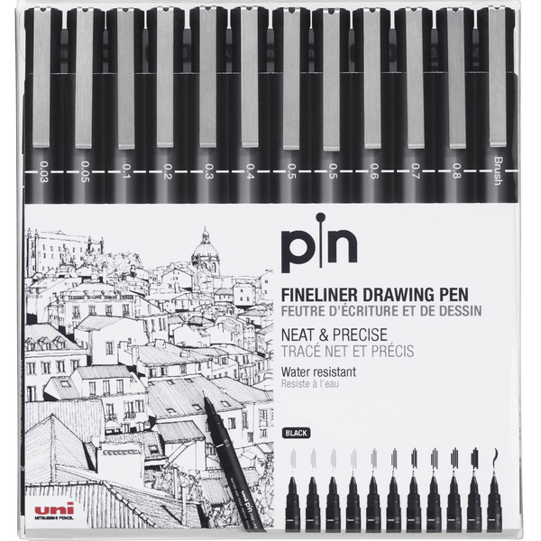 Uni-Ball Pin 200 Fineliner Drawing Felt Pens Assorted Nibs Sizes Wallet 12 PIN20012P - SuperOffice
