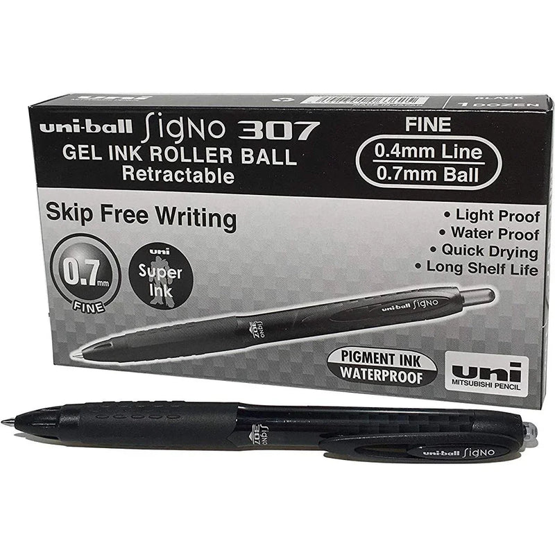 Uni-Ball UMN307 Signo Retractable Gel Ink Rollerball Pens 0.7mm Black Box 12 UMN307FBK (Box 12) - SuperOffice
