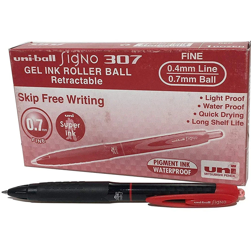 Uni-Ball UMN307 Signo Retractable Gel Ink Rollerball Pens 0.7mm Red Box 12 UMN307FR (Box 12) - SuperOffice
