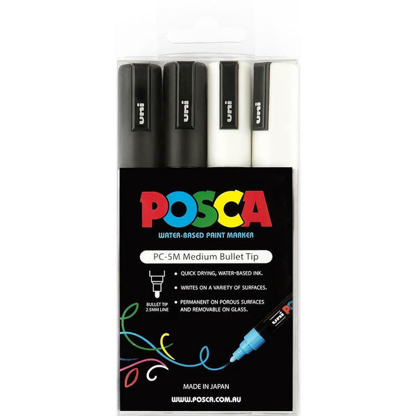 Uni Pc-5M Posca Poster Marker Medium Bullet Tip 2.5Mm Black / White Wallet 4 PC-5M4PBKWH - SuperOffice