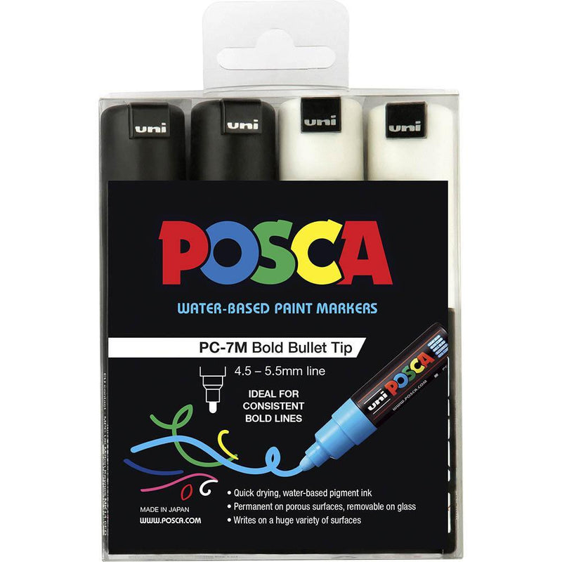 Uni Pc-7M Posca Poster Marker Medium Bullet Tip 4.5Mm Black And White Pack 4 PC7M4PBKWH - SuperOffice