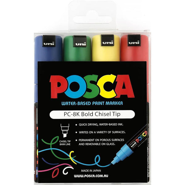 Uni Pc-8K Posca Poster Marker Broad Chisel Tip 8Mm Assorted Wallet 4 PC-8K4PASS - SuperOffice
