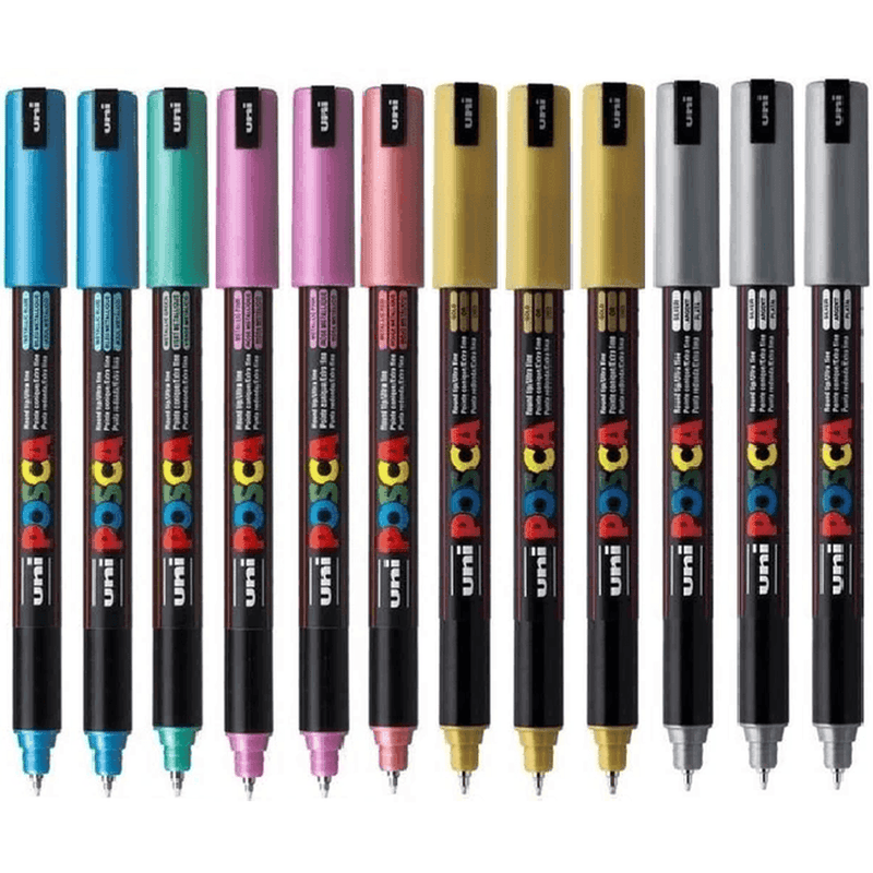 Uni Posca Coloured Metallic Marker 1mm Assorted Colours Box 12 PC-1MR PC1MR12MET - SuperOffice