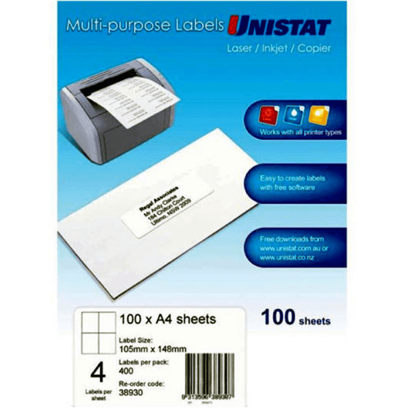 Unistat 38930 Multi-Purpose Label 4UP/ Page 105x148mm White Pack 100 38930 - SuperOffice