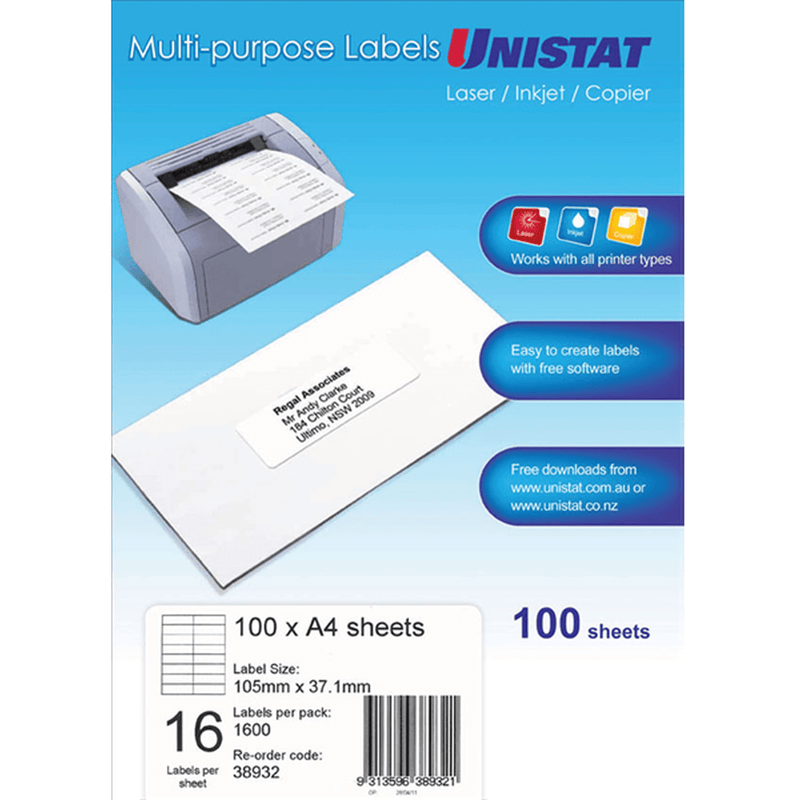 Unistat 38932 Multi-Purpose Labels 16/Sheet 105x37mm White Pack 100 38932 - SuperOffice