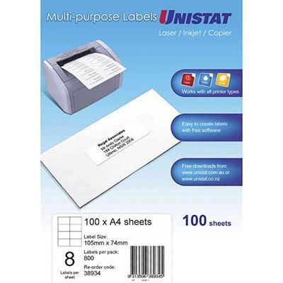 Unistat 38934 Multi-Purpose Label 8Up 105 X 74Mm White Pack 100 38934 - SuperOffice