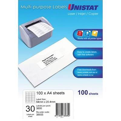 Unistat 38935 Multi-Purpose Label 30Up 64 X 25.4Mm White Pack 100 38935 - SuperOffice