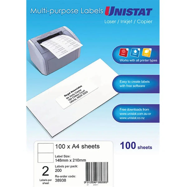 Unistat 38938 Multi-Purpose Label 2UP 148x210mm White Pack 100 38938 - SuperOffice