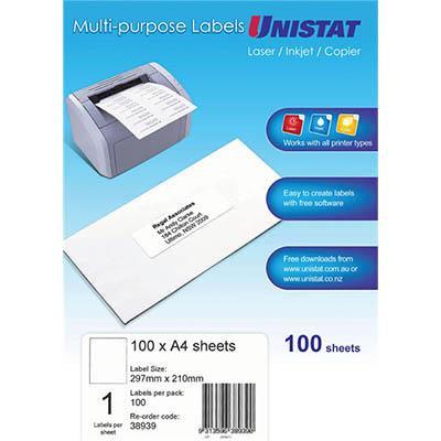 Unistat 38939 Multi-Purpose Label 1Up 297 X 210Mm White Pack 100 38939 - SuperOffice
