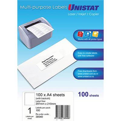 Unistat 38940 Multi-Purpose Label 1Up 297 X 210Mm White Pack 100 38940 - SuperOffice
