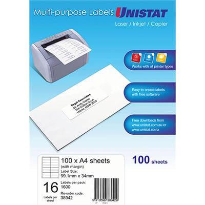 Unistat 38942 Multi-Purpose Label 16Up 99 X 34Mm White Pack 100 38942 - SuperOffice