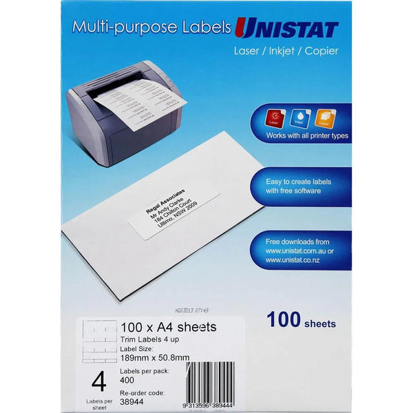 Unistat 38944 Labels 4UP/Page 189x50.8mm Pack 100 Sheets 38944 - SuperOffice