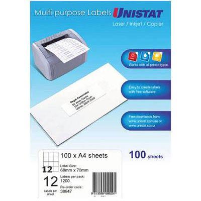 Unistat 38947 Multi-Purpose Label 12Up 68 X 70Mm White Pack 100 38947 - SuperOffice