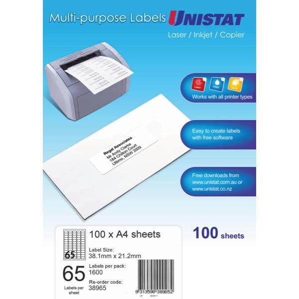 Unistat 38965 Multi-Purpose Label 65Up 38.1 X 21.2Mm White Pack 100 38965 - SuperOffice