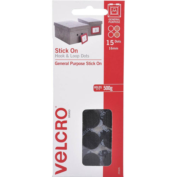 Velcro Brand Stick-On Hook And Loop Dots 16Mm Black Pack 15 25505 - SuperOffice