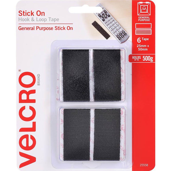 Velcro Brand Stick-On Hook And Loop Rectangles 25 X 50Mm Black Pack 6 25542 - SuperOffice