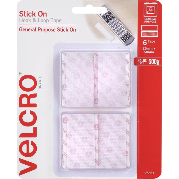 Velcro Brand Stick-On Hook And Loop Rectangles 25 X 50Mm White Pack 6 25559 - SuperOffice