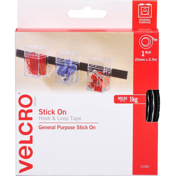 Velcro Brand Stick On Hook And Loop Tape 25Mm X 2.5M Black 25580 - SuperOffice