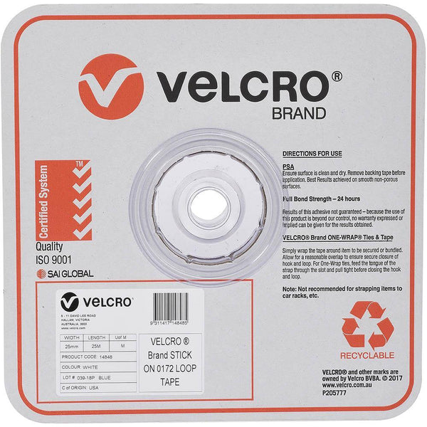 Velcro Brand Stick-On Loop Only Tape Roll 25mmx25m White 43362 - SuperOffice