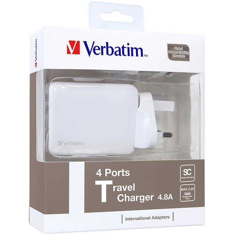 Verbatim 4 USB Port Travel Charger Adapter White AU, US, EU, UK 65124 - SuperOffice