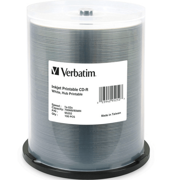 Verbatim 95252 CD-R 700Mb 52X Printable Discs Spindle White Pack 100 95252 - SuperOffice