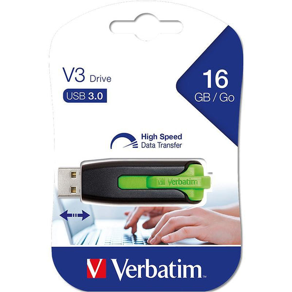 Verbatim Store N Go V3 3.0 Retractable USB Stick Drive Green 16GB High Speed 49177A (Green) - SuperOffice