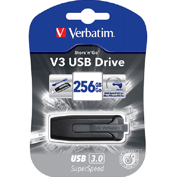 Verbatim Store-N-Go V3 USB Hard Drive 3.0 256Gb Grey High Speed 49168 - SuperOffice