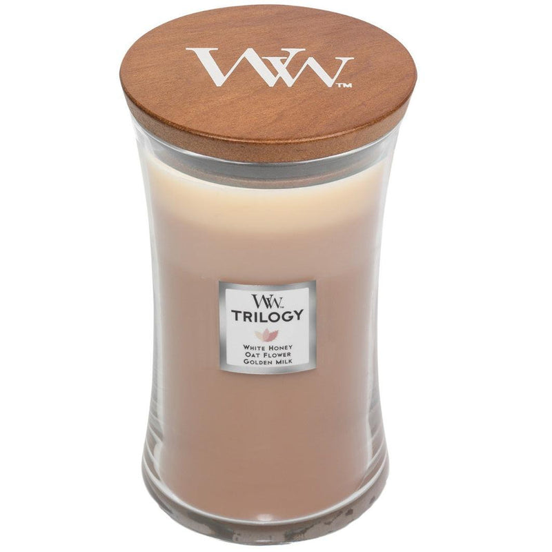 Woodwick Golden Treats Trilogy Large Candle Crackles As It Burns 610G Hourglass 1647929 - SuperOffice