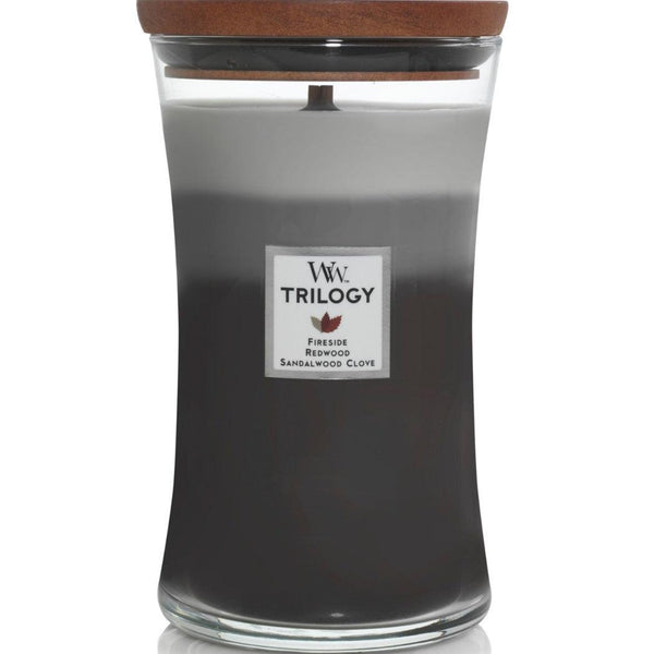 Woodwick Warm Woods Trilogy Large Candle Crackles As It Burns 610G Hourglass 93911 - SuperOffice