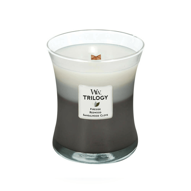 Woodwick Warm Woods Trilogy Medium Candle Crackles As It Burns 275G Hourglass 92911 - SuperOffice
