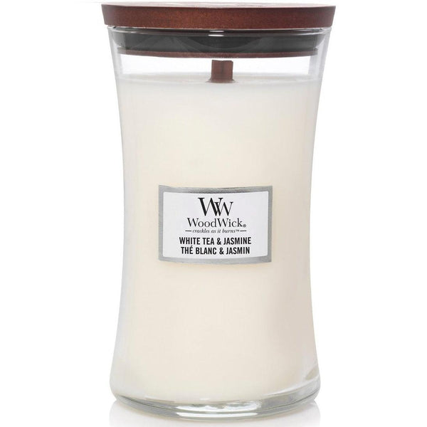 WoodWick White Tea + Jasmine Large Candle Crackles As It Burns 610G Hourglass 93062 - SuperOffice