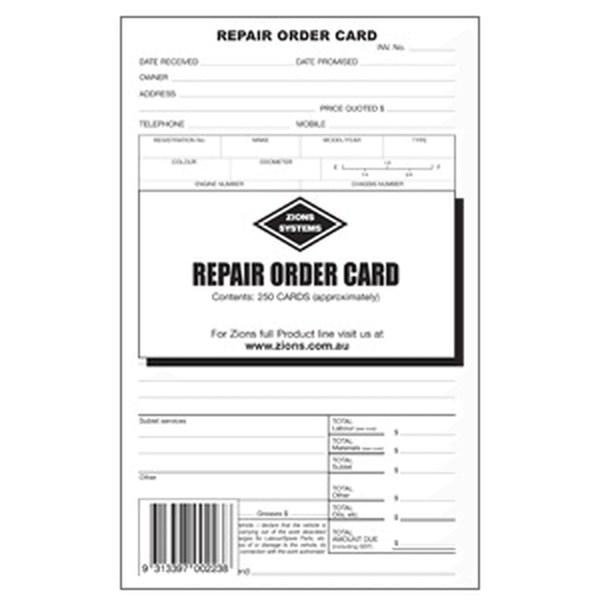 Zions Repair Order Cards ROC 250 Pack Card Mechanic Auto Body Automotive ROC (250) - SuperOffice