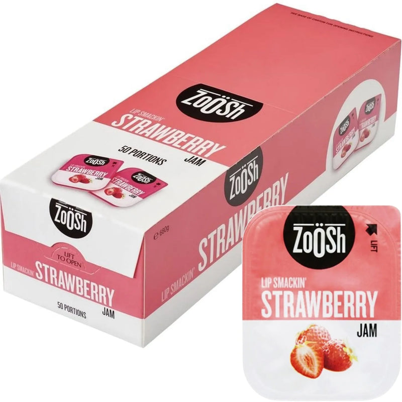 Zoosh Strawberry Jam Individual Portions 13.6g 50 Pack Carton Bulk 621296 - SuperOffice
